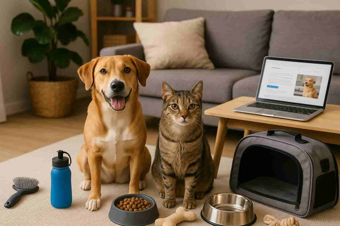 Dog and cat sitting together in a cozy living room surrounded by pet accessories, representing the theme of The Ultimate Pet Guide.